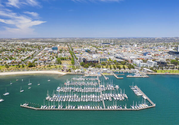 aerial view of Geelong waterfront and city