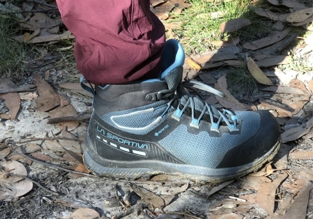 hiking boot close up on walking trail